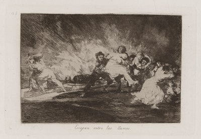 Escapan entre las llamas (Sie entkommen durch die Flammen), Platte 41 aus Los desastres de la guerra (Die Schrecken des Krieges) von Francisco de Goya