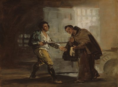 Bruder Pedro bietet El Maragato Schuhe an und bereitet sich darauf vor, seine Waffe beiseite zu schieben, um 1806 von Francisco de Goya