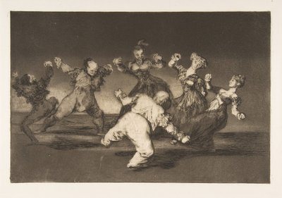 Platte 12 aus den Disparates: Wenn Marion tanzen will, dann hat sie..., ca. 1816-23 veröffentlicht 1864 von Francisco de Goya