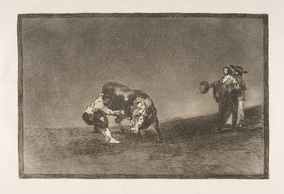 Tafel 16 der Tauromaquia: Derselbe Mann wirft einen Stier in der Arena von Madrid von Francisco de Goya