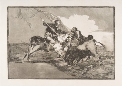 Tafel 1 aus der Tauromaquia: Die Art und Weise, wie die alten Spanier Stiere zu Pferd jagten, 1816 von Francisco de Goya