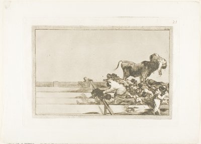 Schreckliche Ereignisse in den vorderen Reihen des Rings in Madrid und Tod des Bürgermeisters von Torrejón, Platte 21 aus Die Kunst des Stierkampfs von Francisco Jose de Goya y Lucientes