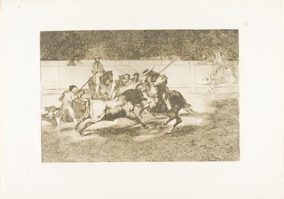 Der kraftvolle Rendón sticht einen Stier mit der Pique, aus der er im Ring in Madrid starb, Platte 28 aus Die Kunst des Stierkampfs von Francisco Jose de Goya y Lucientes