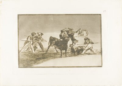 Die Mauren benutzen Esel als Barriere, um sich gegen den Stier zu verteidigen, dessen Hörner mit Kugeln versehen sind, Tafel 17 aus Die Kunst des Stierkampfs von Francisco Jose de Goya y Lucientes