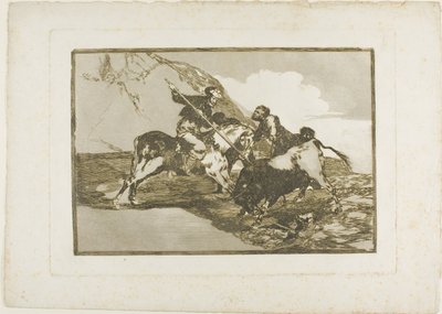 Die Art und Weise, wie die alten Spanier Stiere zu Pferd auf freiem Feld jagten, Platte eins aus Die Kunst des Stierkampfs von Francisco Jose de Goya y Lucientes