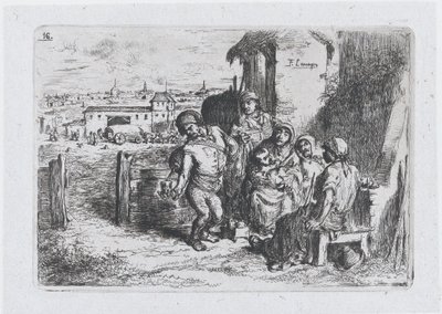 Tafel 16: eine Gruppe von Menschen im Freien, darunter ein Mann, der Wein oder Wasser aus einem Gefäß gießt..., 1850 von Francisco Lameyer Berenguer