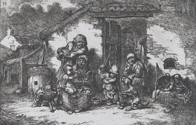 Tafel 19: eine Familie und ein Junge spielen mit einem Hund vor einem Haus, aus der Serie der Bräuche von Francisco Lameyer Berenguer
