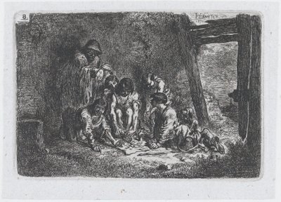Platte 8: eine Gruppe von Figuren, von denen einige ein Spiel spielen, aus der Serie von Bräuchen, 1850 von Francisco Lameyer Berenguer