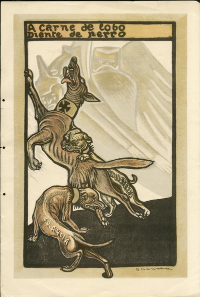 Illustration von Francisco Sancha Lengo (1874-1936) - Flugblatt, circa 1915 - A carne de lobo diente de perro - Krieg von 14-18, Deutschland Preußen, England Großbritannien, Kriegsteilnehmer und Symbole, Frankreich, Spanische Sprache, Ausländische Presse - von Francisco Sancha y Lengo