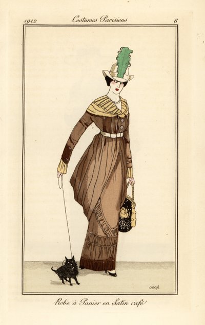 Frau im Panierkleid aus kaffeefarbenem Satin mit Schoßhund, Radierung aus Tommaso Antonginis Journal des Dames et des Modes, Aux Bureaux du Journal des Dames, Paris von Francesc Xavier Gosé
