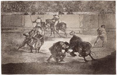 Stierkampf: Ein Stierkämpfer betritt die Arena, um den Stier mit einem Hut anstelle der Muleta zu töten von Francisco de Goya