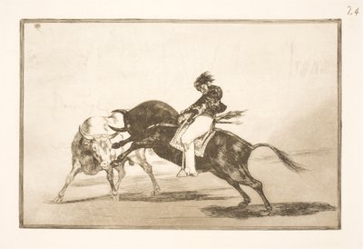 Der gleiche Ceballos, auf dem Rücken eines anderen Stiers sitzend, bricht kurze Speere in der Arena in Madrid von Francisco de Goya