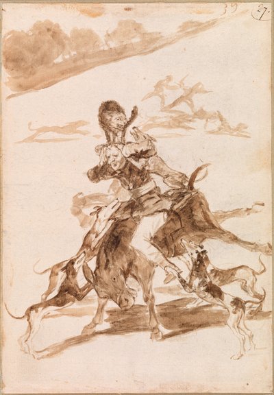 Hunde jagen eine Katze auf einem Mann auf einem Esel von Francisco de Goya