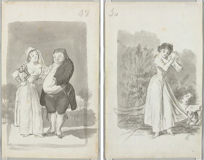 Prostituierte, die einen dicken, hässlichen Mann anwirbt (recto); Junge Frau, die ihre Hände über dem nackten Körper eines Mannes ringt (verso) von Francisco de Goya