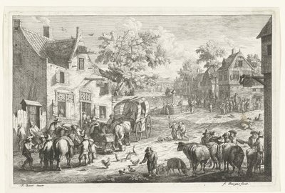 Dorfansicht mit Reisenden und Viehhändlern bei einer Herberge von Franciscus de Bargas