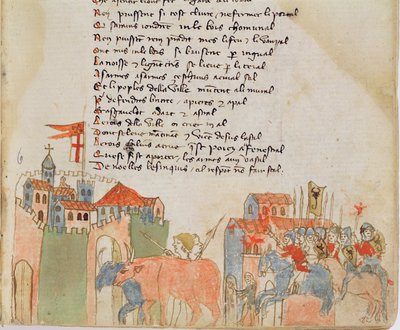 Ms Est 27 W 8.17 f.6r Bauern betreten eine Stadt mit ihrem Vieh und die Ankunft von Attilas Armee, aus Der Krieg des Attila von Nicola da Casola von Franco Italian School