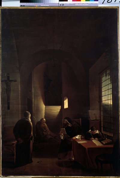 Der italienische Astronom Galileo Galilei in seiner Zelle in Florenz während der Inquisition von Francois Marius Granet