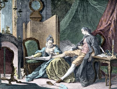 La Courtesan amoureuse: Frau entfernt den unteren Teil eines Mannes - Gravur von ap. Butcher von Francois (after) Boucher