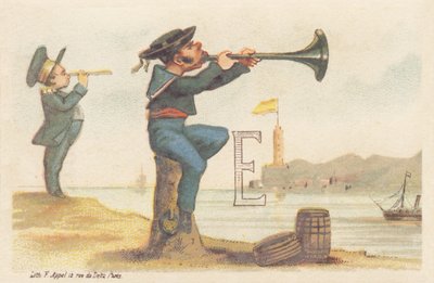 E (Buchstabe dargestellt von einem bretonischen Seemann, der auf einer Festmacherboje sitzt und Bombarde spielt) von Francois Antoine Appel