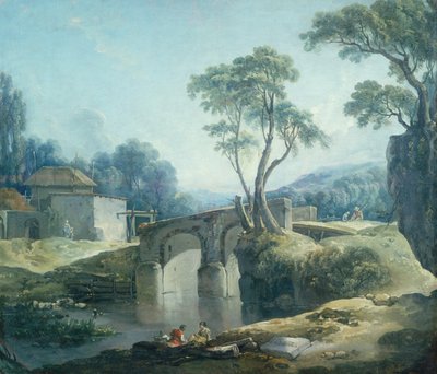 Waldlandschaft mit einer Brücke über einen Fluss von François Boucher