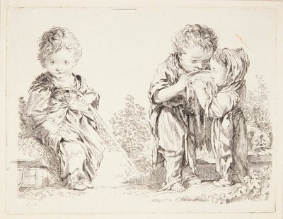 Kind auf einem Erdklumpen sitzend und Die kleinen Milchtrinker von François Boucher