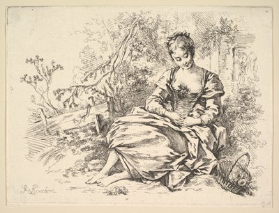 Mädchen in einer Landschaft mit einem Korb voller Blumen von François Boucher