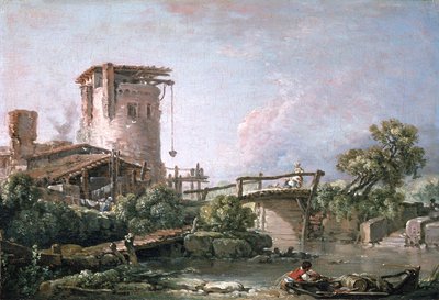 Landschaft mit Turm und Brücke von François Boucher