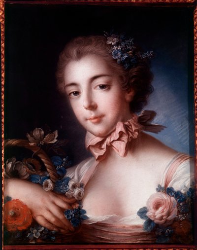 Porträt einer jungen Frau, die sich auf einen Blumenkorb lehnt. von François Boucher
