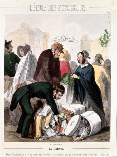 Zollkontrolle der Mitgift einer Erbin, die einen jungen Mann heiraten wollte. Farbgravur von Francois Bouchot (1800-1842), um 1830. Paris, Musee Carnavalet von Francois Bouchot