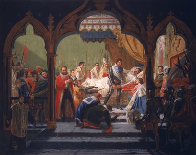 Henri IV (1553-1610) erhält die Attribute der Monarchie vom sterbenden Henri III (1551-1589) 1814 von Francois Buffet