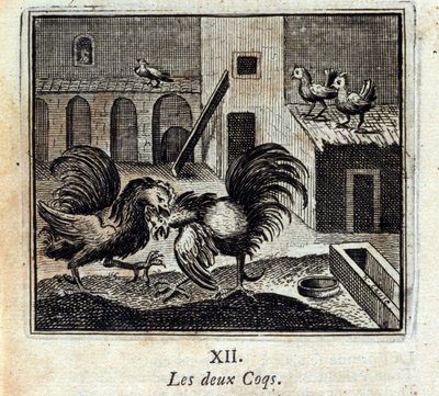 Beide Hähne. Fabeln von Jean de La Fontaine (1621-95). Illustration von François Chauveau (1613-1676). Ausgabe von 1728. von Francois Chauveau