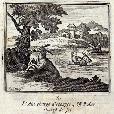 Der Esel beladen mit Schwämmen und der Esel beladen mit Salz. Fabeln von Jean de La Fontaine. Illustration von François Chauveau. Ausgabe von 1728. von Francois Chauveau