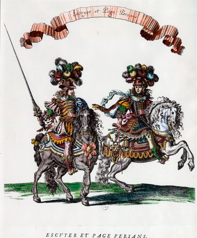 Ecuyer und persische Seite während des Karussells von König Ludwig XIV. Gravur von Francois Chauveau um 1662. Private Sammlung von Francois Chauveau