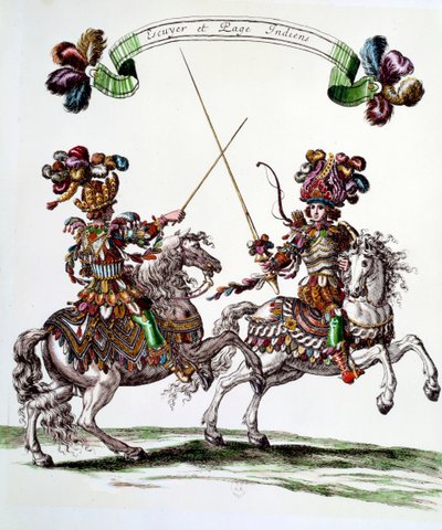 Indischer Reiter und Page während des Karussells von König Ludwig XIV. (1662) in den Tuilerien zur Feier der Geburt des Dauphins. Gravur von François Chauveau (17. Jahrhundert) von Francois Chauveau