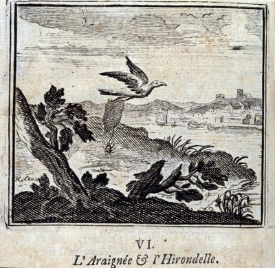 Die Spinne und die Schwalbe. Fabeln von Jean de La Fontaine. Illustration von François Chauveau. Ausgabe von 1728. von Francois Chauveau