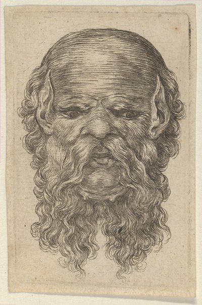 Maske eines glatzköpfigen Mannes mit spitzen Ohren und langem, gespaltenem Bart, aus Divers Masques, ca. 1635-45 von Francois Chauveau