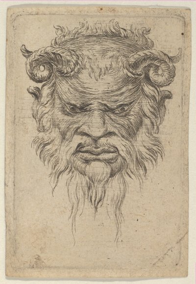Satyrmaske mit gekräuselten Hörnern, die nach unten schaut, aus Divers Masques, ca. 1635-45 von Francois Chauveau