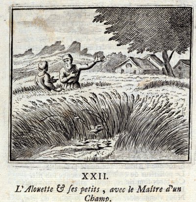 Die Lerche und ihre Jungen mit dem Besitzer eines Feldes. Fabeln von Jean de La Fontaine. Illustration von François Chauveau. Ausgabe von 1728. von Francois Chauveau