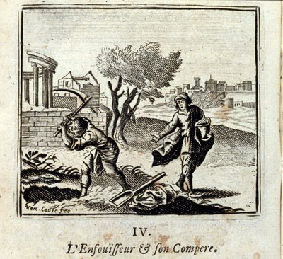 Der Brenner und sein Kumpan. Fabeln von Jean de La Fontaine (1621-95). Illustration von François Chauveau (1613-1676). Ausgabe von 1728. von Francois Chauveau