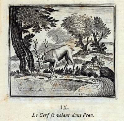 Der Hirsch, der sich im Wasser sieht. Fabeln von Jean de La Fontaine (1621-95). Illustration von François Chauveau (1613-1676). Ausgabe von 1728. von Francois Chauveau