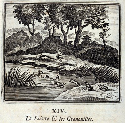 Der Hase und die Frösche. Fabeln von Jean de La Fontaine (1621-95). Illustration von François Chauveau (1613-1676). Ausgabe von 1728. von Francois Chauveau