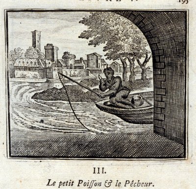 Der kleine Fisch und der Fischer. Fabeln von Jean de La Fontaine (1621-95). Illustration von François Chauveau (1613-1676). Ausgabe von 1728 von Francois Chauveau