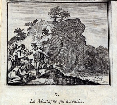 Der Berg, der gebiert. Fabeln von Jean de La Fontaine. Illustration von François Chauveau. Ausgabe von 1728. von Francois Chauveau