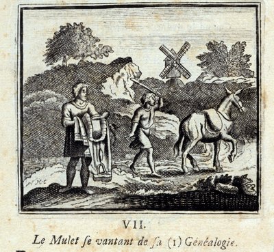 Der Meeräsche prahlt mit seiner Genealogie. Fabeln von Jean de La Fontaine (1621-95). Illustration von François Chauveau (1613-1676). Ausgabe von 1728 von Francois Chauveau