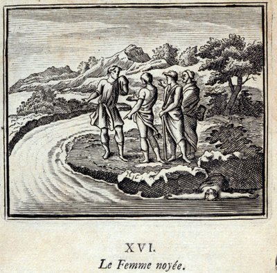 Die ertrunkene Frau. Fabeln von Jean de La Fontaine. Illustration von François Chauveau. Ausgabe von 1728. von Francois Chauveau