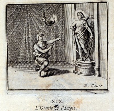 Das Orakel und der Gottlose. Fabeln von Jean de La Fontaine. Illustration von François Chauveau. Ausgabe von 1728. von Francois Chauveau