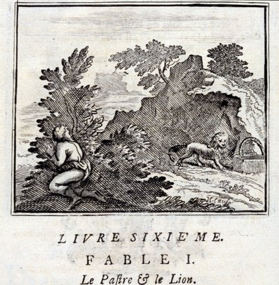 Der Patra und der Löwe. Fabeln von Jean de La Fontaine. Illustration von François Chauveau. Ausgabe von 1728. von Francois Chauveau