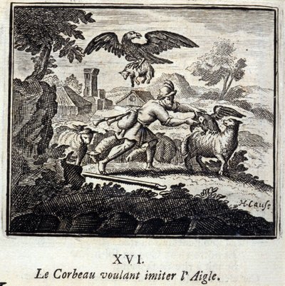 Der Rabe, der den Adler nachahmen wollte. Fabeln von Jean de La Fontaine. Illustration von François Chauveau. Ausgabe von 1728. von Francois Chauveau
