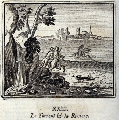 Der Strom und der Fluss. Fabeln von Jean de La Fontaine. Illustration von François Chauveau. Ausgabe von 1728. von Francois Chauveau