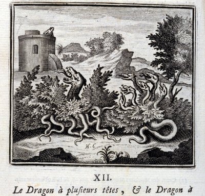 Der Drache mit mehreren Köpfen und der Drache mit mehreren Schwänzen. Fabeln von Jean de La Fontaine. Illustration von François Chauveau. Ausgabe von 1728. von Francois Chauveau
